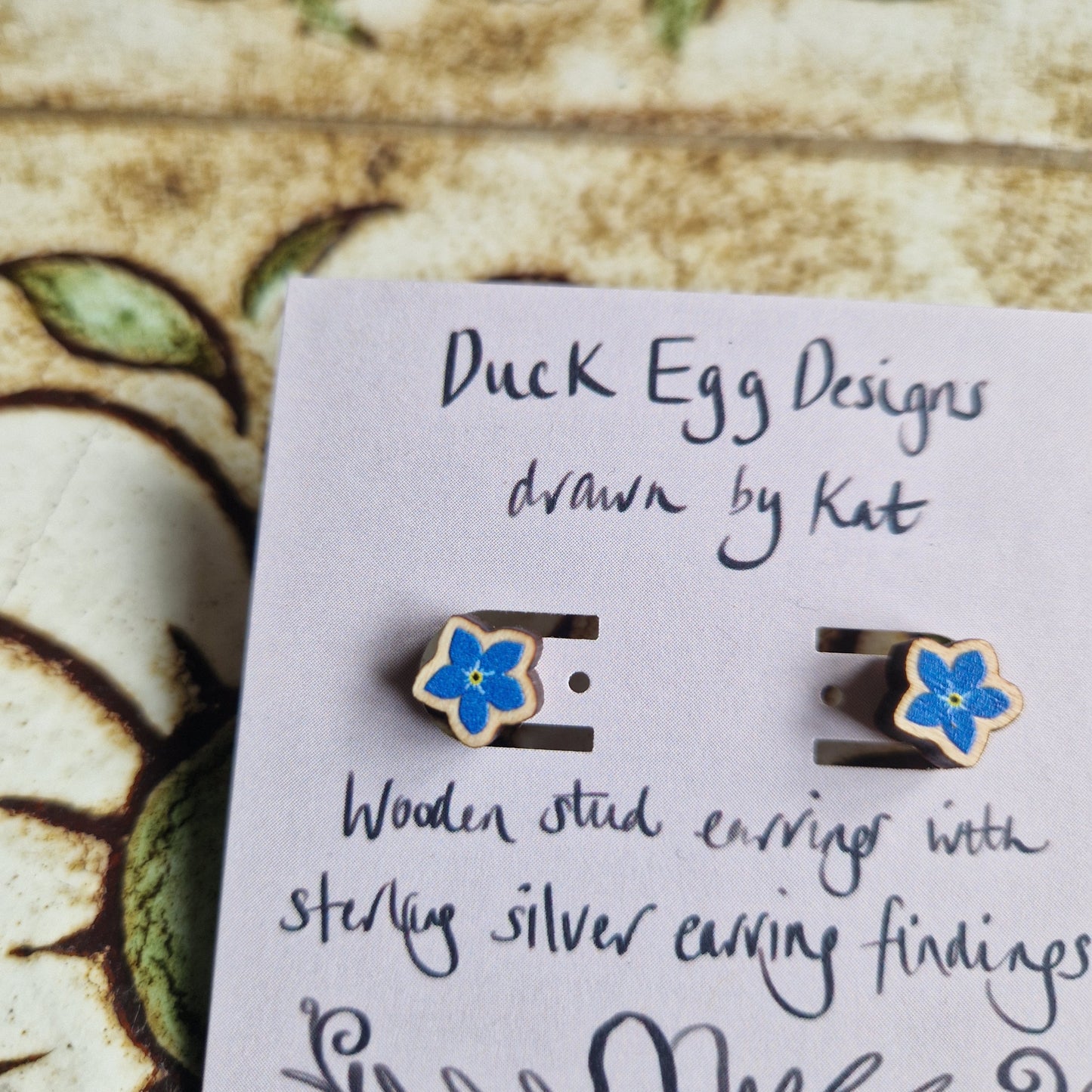 Forget-me-not Flower Wood And Sterling Silver Stud Earrings