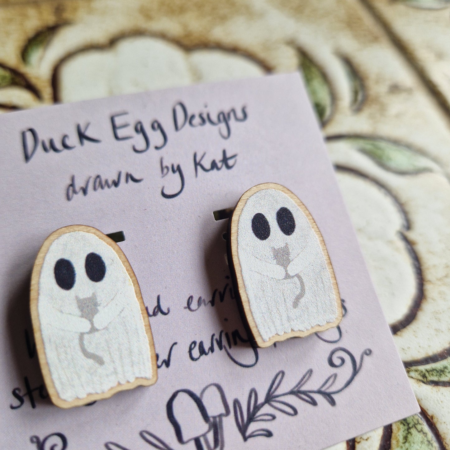 Ghost and Cat Wood And Sterling SIlver Stud Earrings
