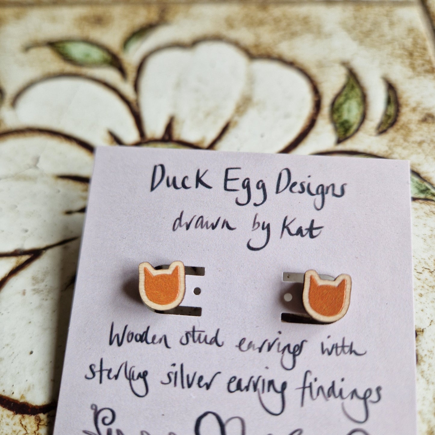 Ginger Cat Wood And Sterling Silver Stud Earrings