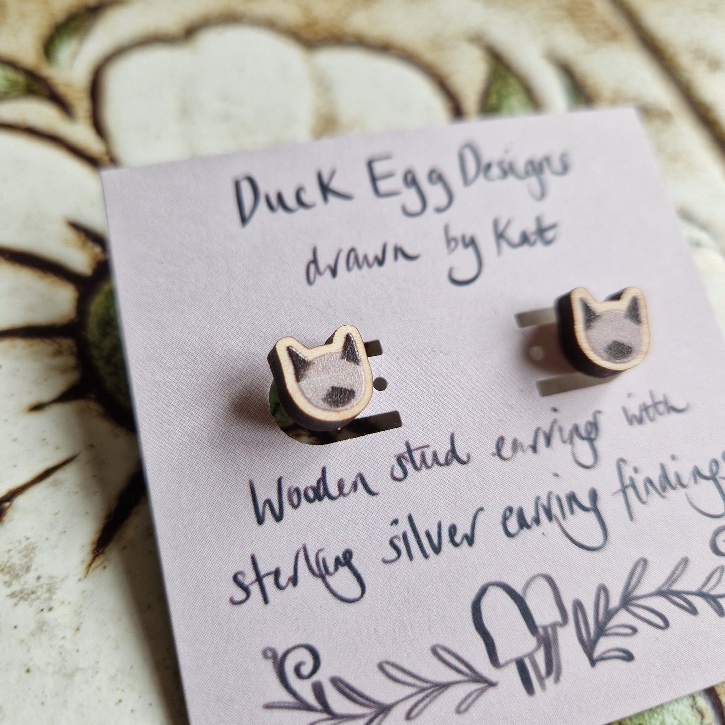 Siamese Cat Wood And Sterling Silver Stud Earrings LAST PAIR