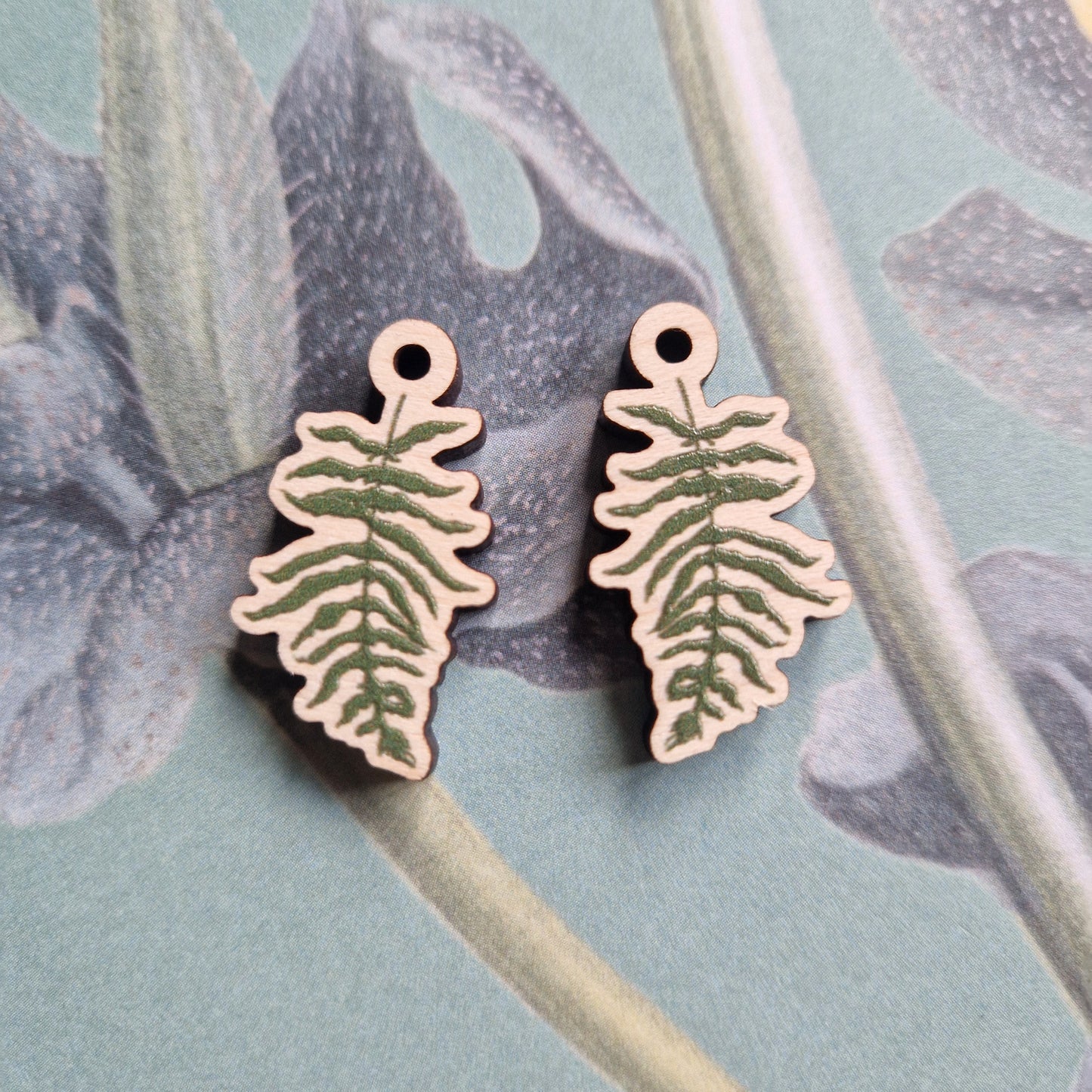 Wood and Sterling Silver Green Fern Earrings