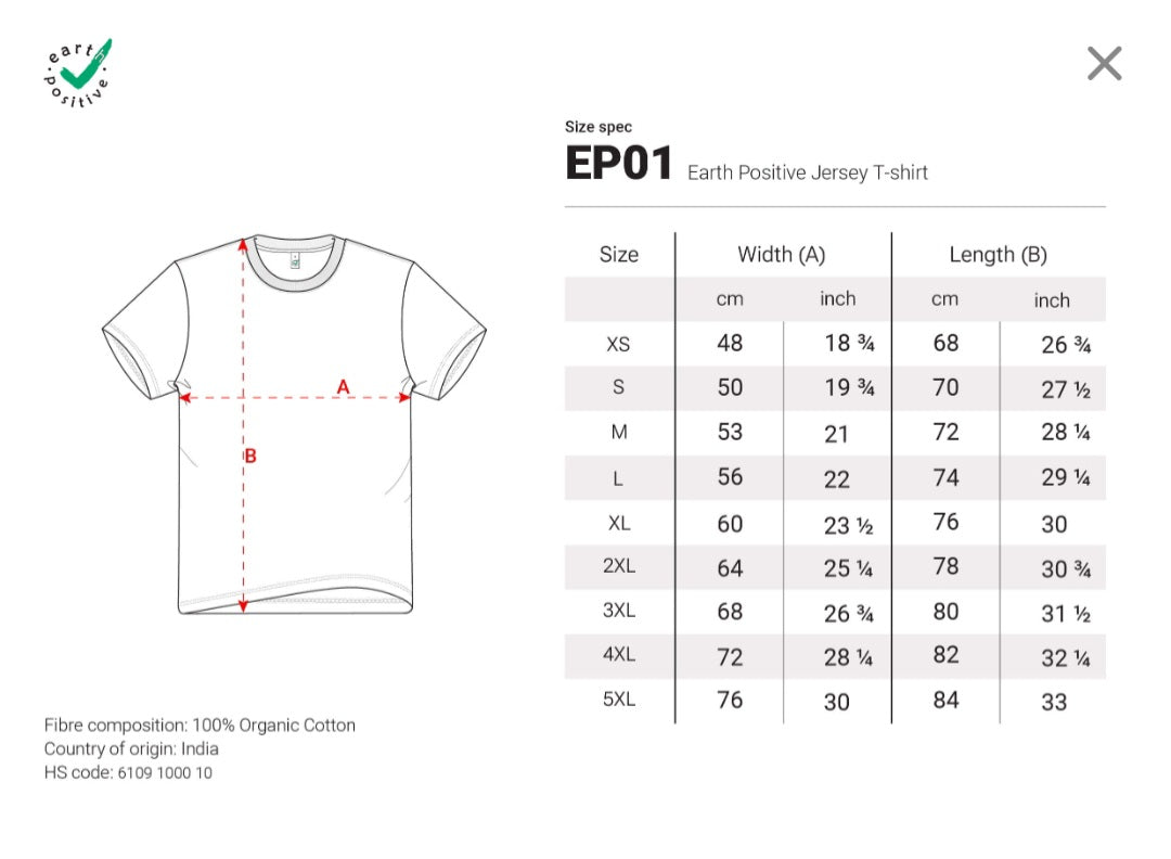 Size chart for Duck Egg Designs Pigeon Person Tshirt with a diagram showing width (A) and length (B), plus a table of these measurements in cm and inches for sizes XS to 5XL.