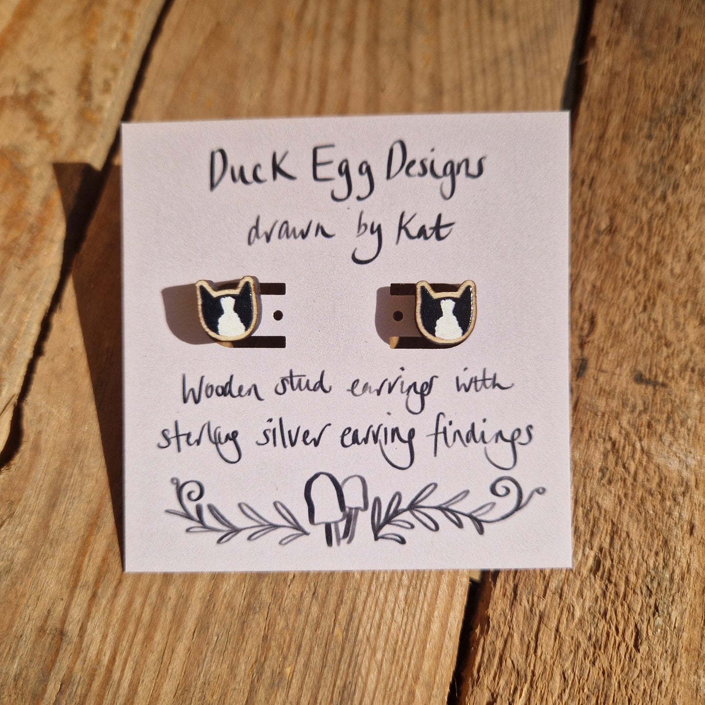 Black And White Cat Wood And Sterling Silver Stud Earrings