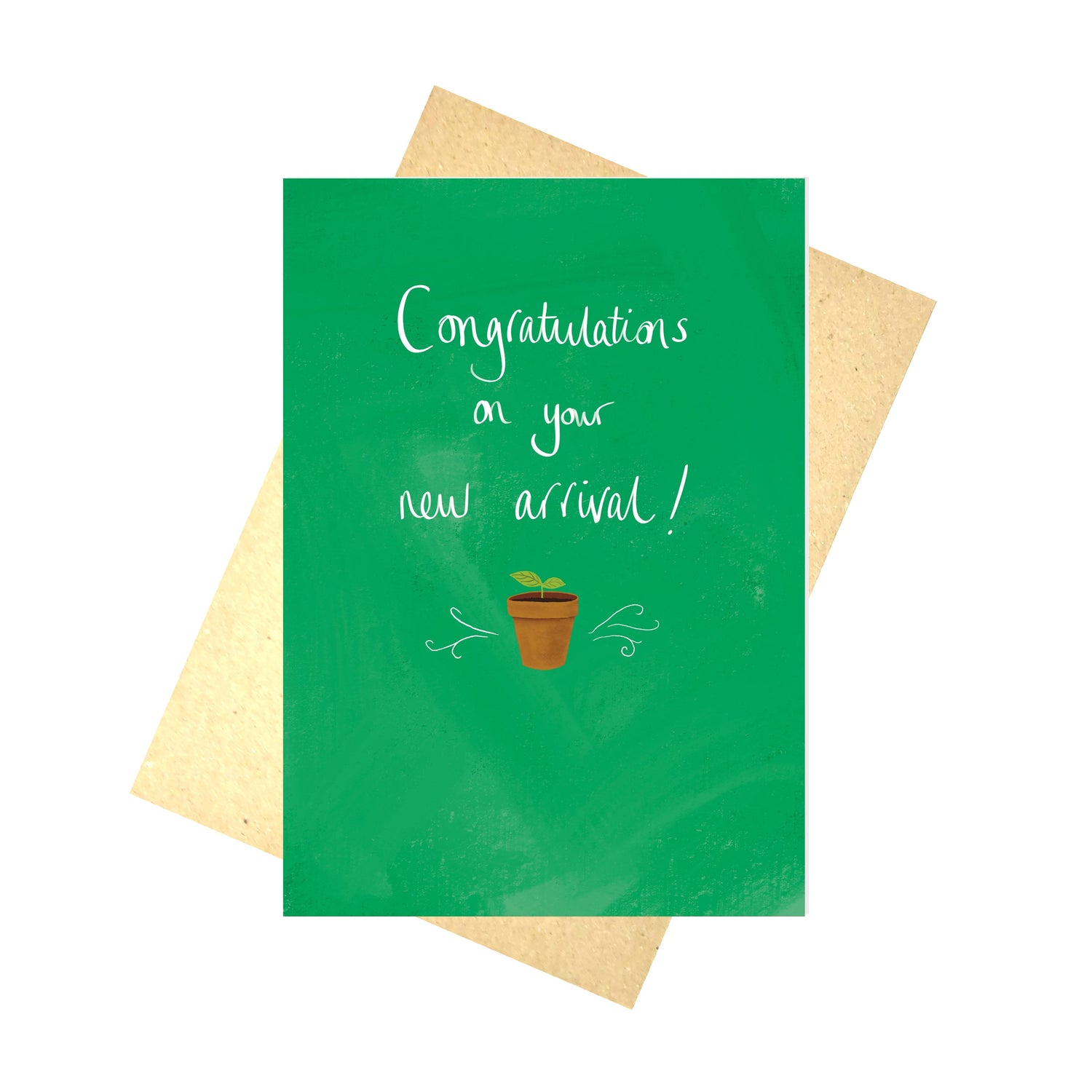A green card with the handwritten words 'Congratulations on your new arrival!' in white above a terracotta plant pot with seeding illustration. The card sits in front of a brown envelope on a white background.