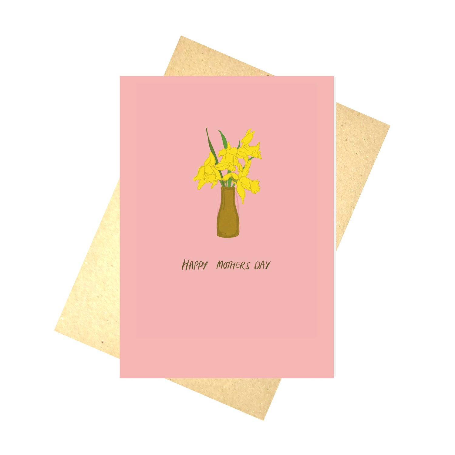 A warm salmon pink card with a brown vase with some bright yellow daffodils in it above the handwritten words 'Happy Mothers Day'. The card sits in front of a brown envelope on a white backrground.