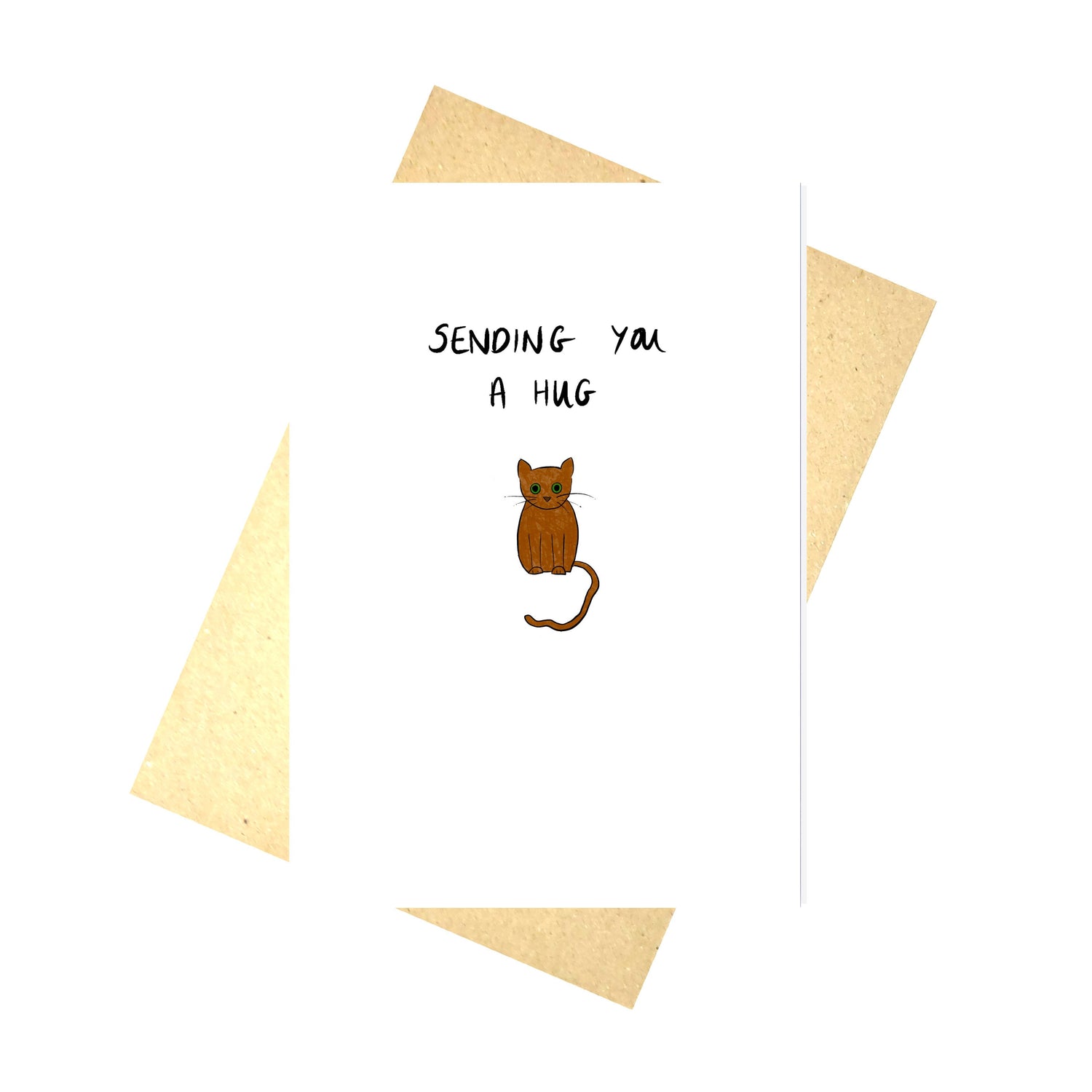 A white card with a little brown cat illustration and the words 'Sending you a hug' in black handwriting. 