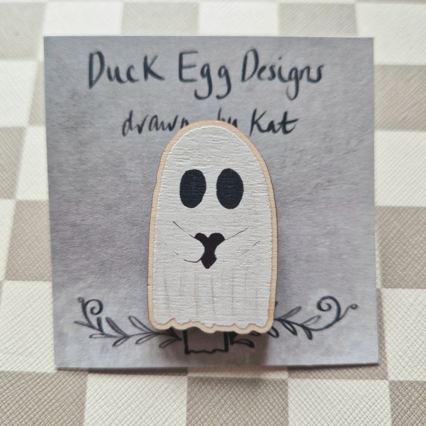 Love Ghost Wooden Ghost Holding A Heart Pin Badge