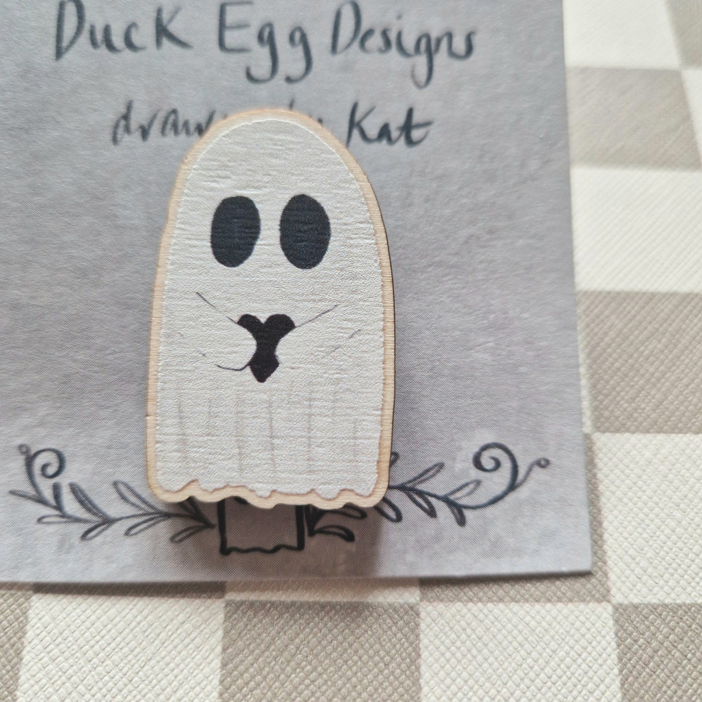 Love Ghost Wooden Ghost Holding A Heart Pin Badge