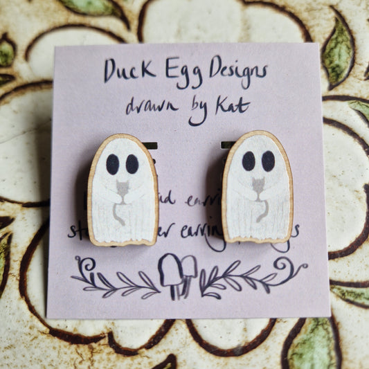 Ghost and Cat Wood And Sterling SIlver Stud Earrings