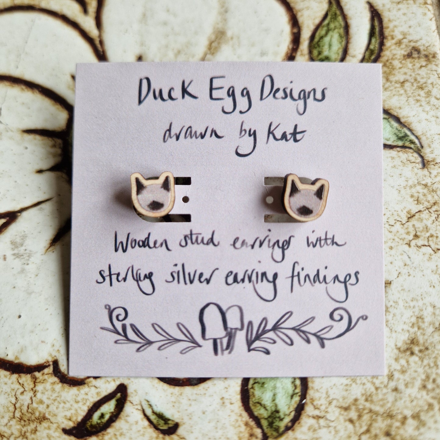 Siamese Cat Wood And Sterling Silver Stud Earrings LAST PAIR