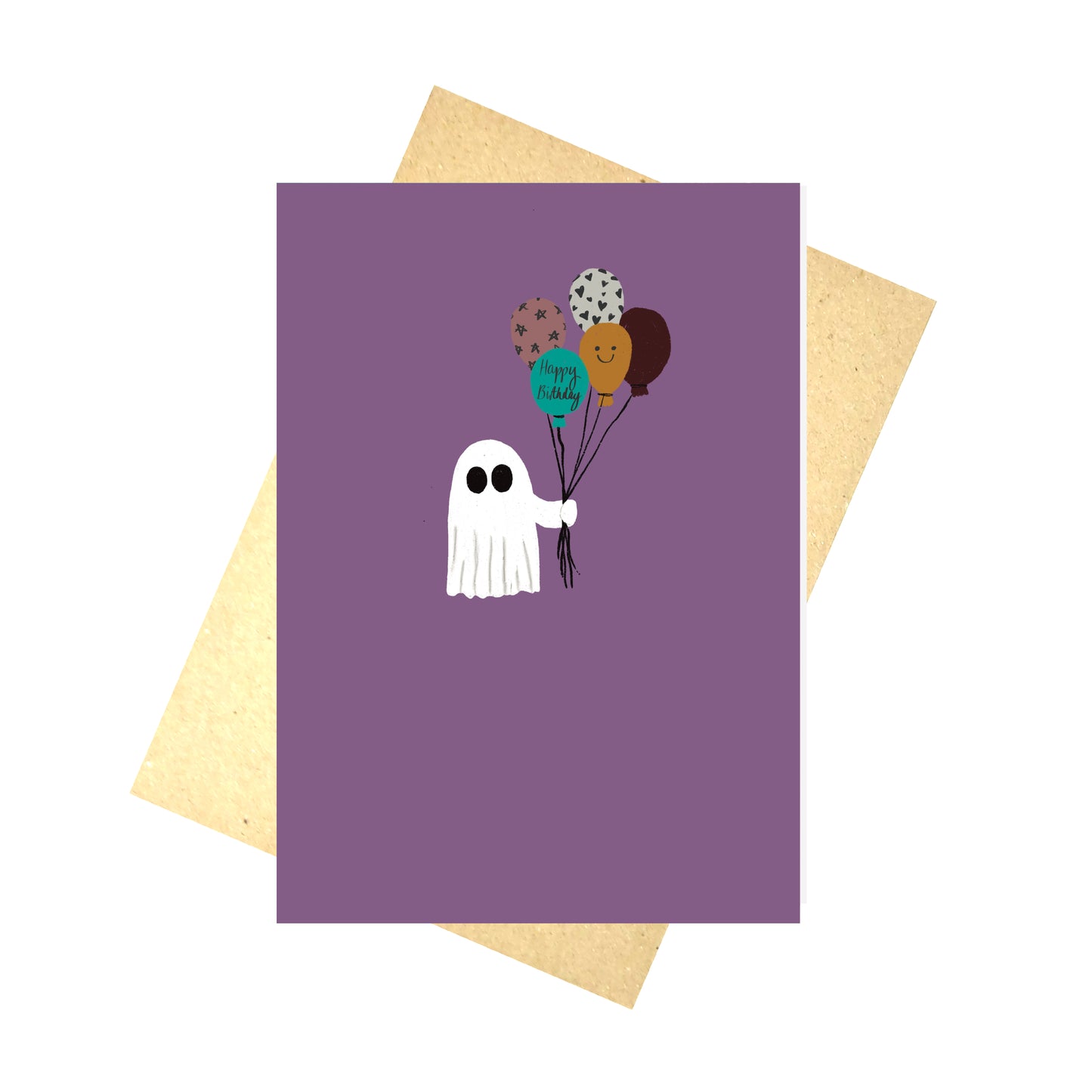 A rich purple card with a mall white ghost holding a bunch of multicoloured balloons, one of which reads 'Happy Birthday' in black handwriting. Behind the card is a brown envelope and a white background.