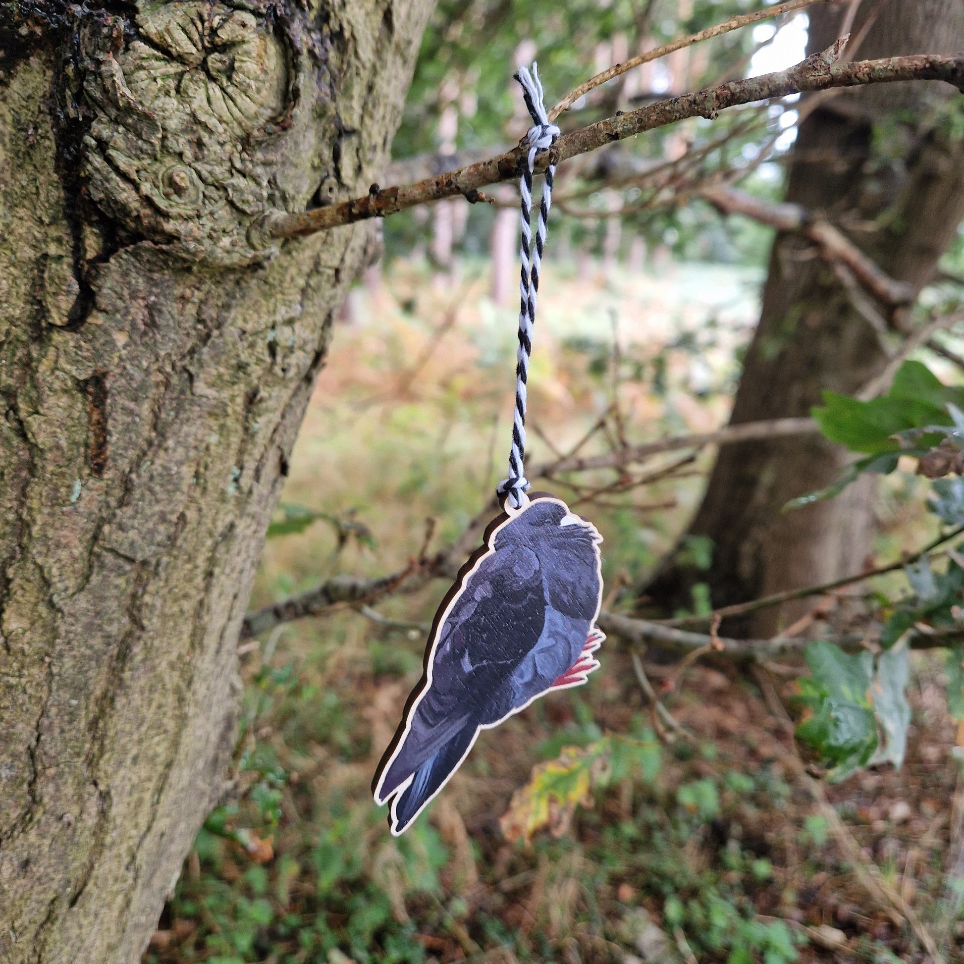 A black pigeon wooden decoration hangs from a white and black string from a tree branch in a green woods.