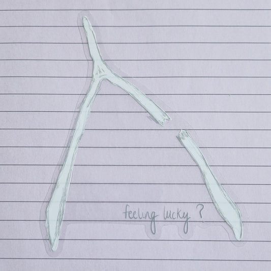 Broken wishbone sticker with the words 'feeling lucky?' written across the bottom. The sticker has a transparent background and is on a lined lilac paper.