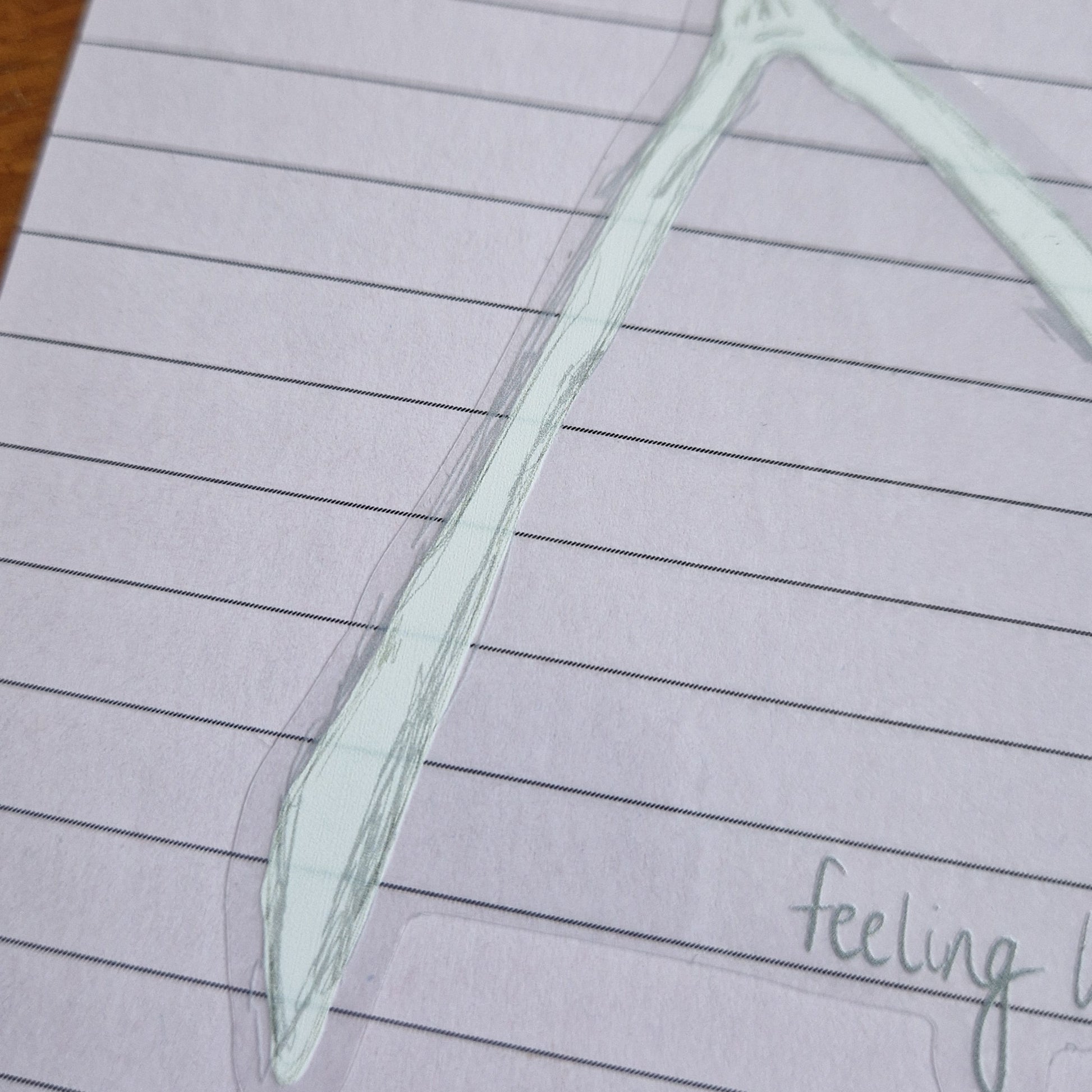 A close up of the broken wishbone sticker showing the detail in the bone and a close up of the grey handwriting that says 'feeling'. The sticker has a transparent background and is on a lined lilac paper.