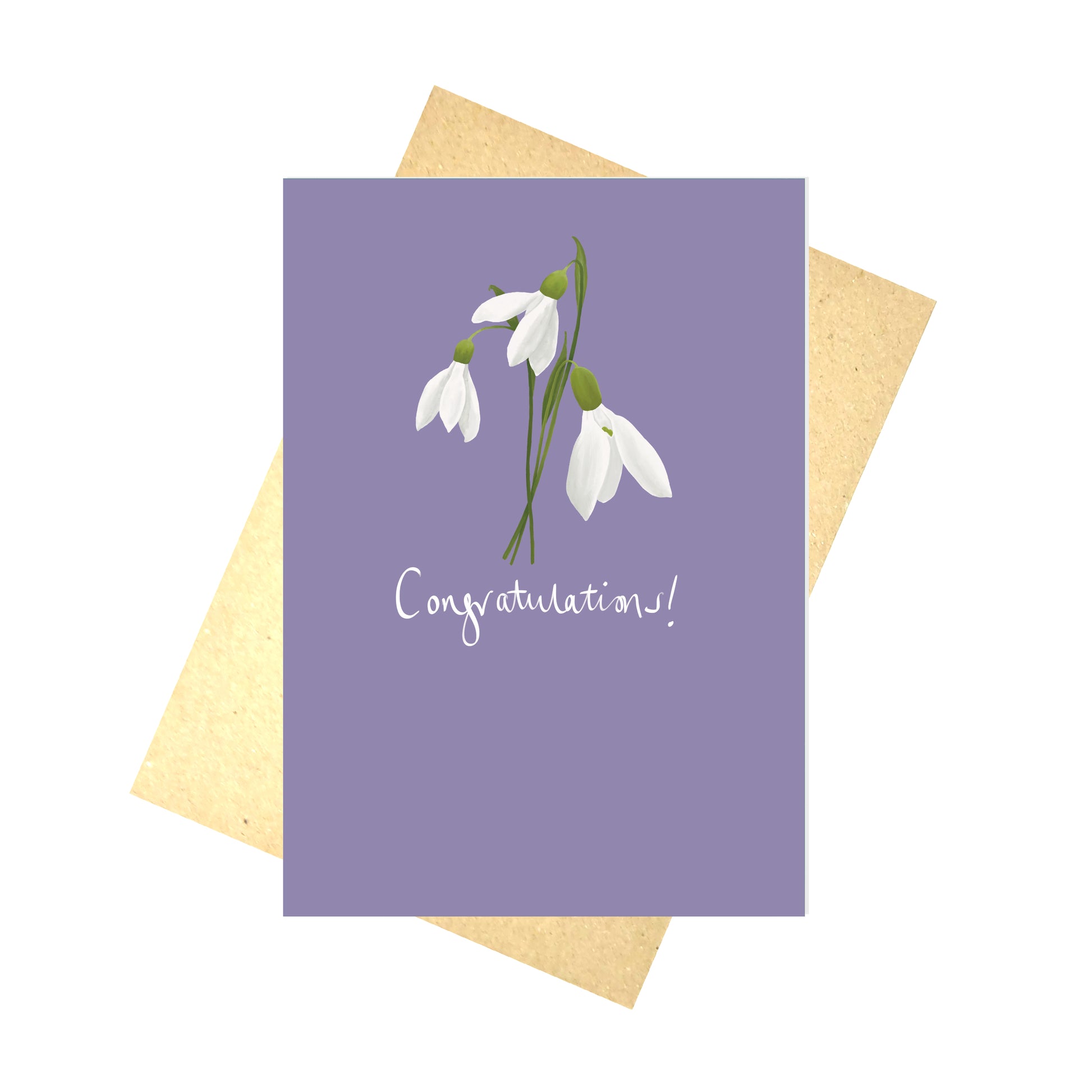 A rich purple card featuring three white and green snowdrops over the word 'Congratulations!' in white handwriting.