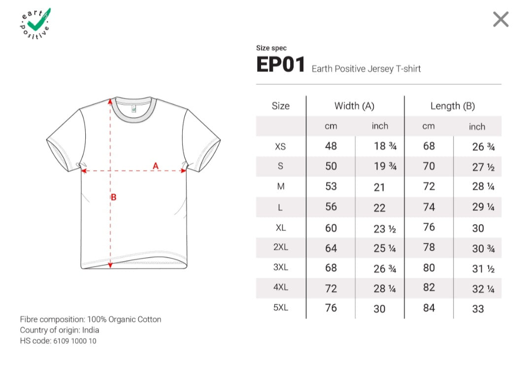 Size chart for the unisex cotton t-shirts displaying measurements for each size.