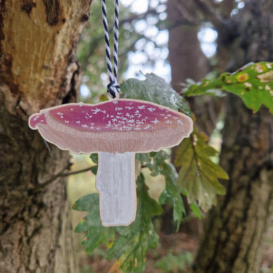 A red and white toadstool printed on woods hangs from a green leaved tree from a white and black string.