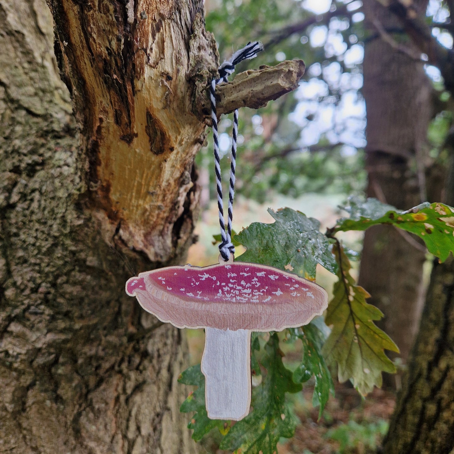 A red and white toadstool printed on woods hangs from a broken branch of  a green leaved tree from a white and black string.