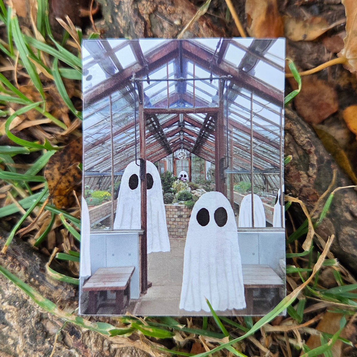 A small sticker featuring the Cambridge Botanics greenhouse with ghosts in it. The sticker is in front of autumn leaves, grass and tree bark.
