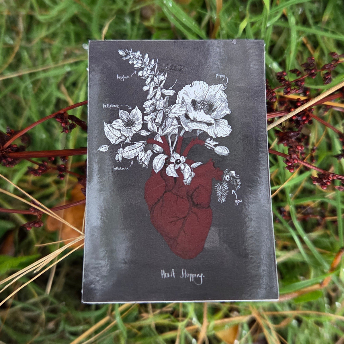 A grey rectangular sticker featuring a red anatomical heart with poison plants growing out of it and the words 'Heart Stopping' written in white underneath. Behind the sticker is a grassy background.