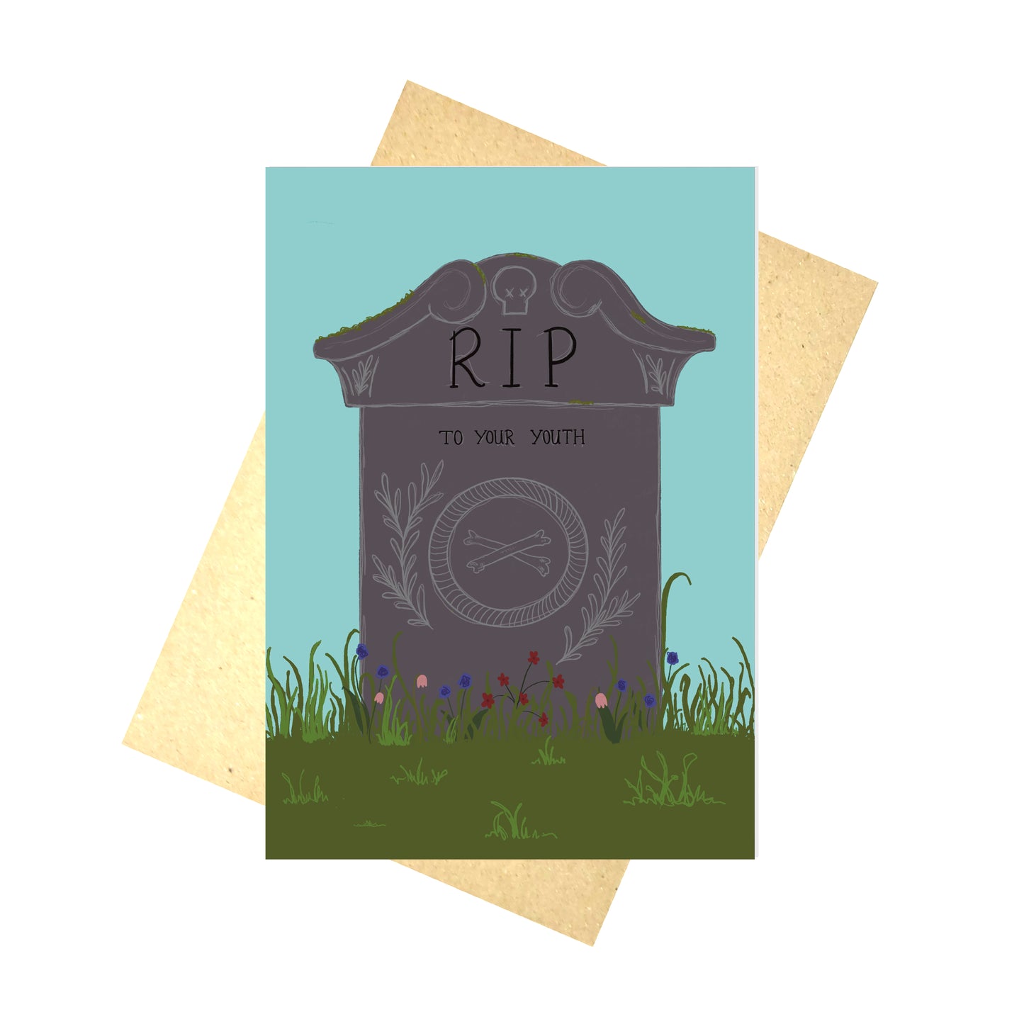 A colourful card featuring a grey headstone in overgrown grass and colourful flowers with a blue sky above. The gravestone reads 'RIP to your youth' in black. Behind the card is a brown paper envelope and a white background.