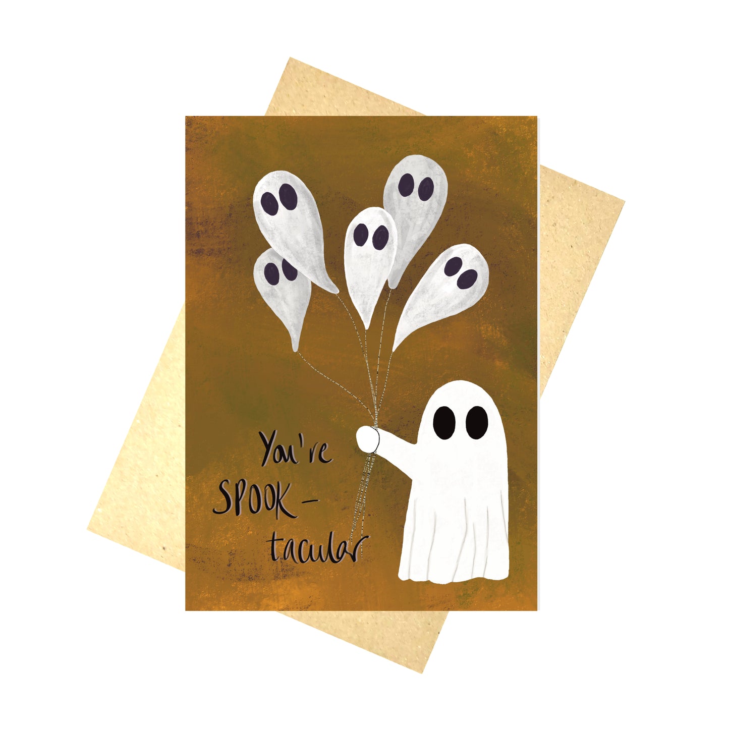 An orangey green card featuring a white ghost holding some floating ghost balloons. To the left of the ghost are the words 'You're SPOOK-tacular' in purple and white handwriting.
