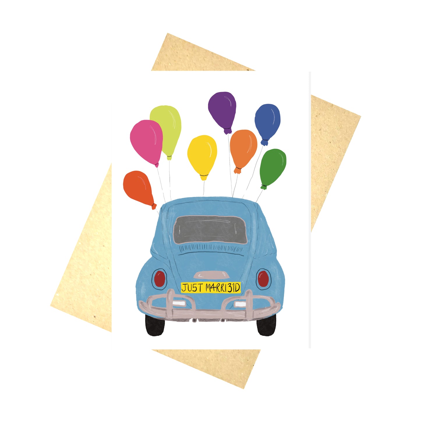 A white card with a blue VW beetle seen from the back with colourful balloons hanging from the top. The Beatles number plate reads ‘JU5T M4RRI3D’. Behind the card you can see a brown paper envelope on a white background. 