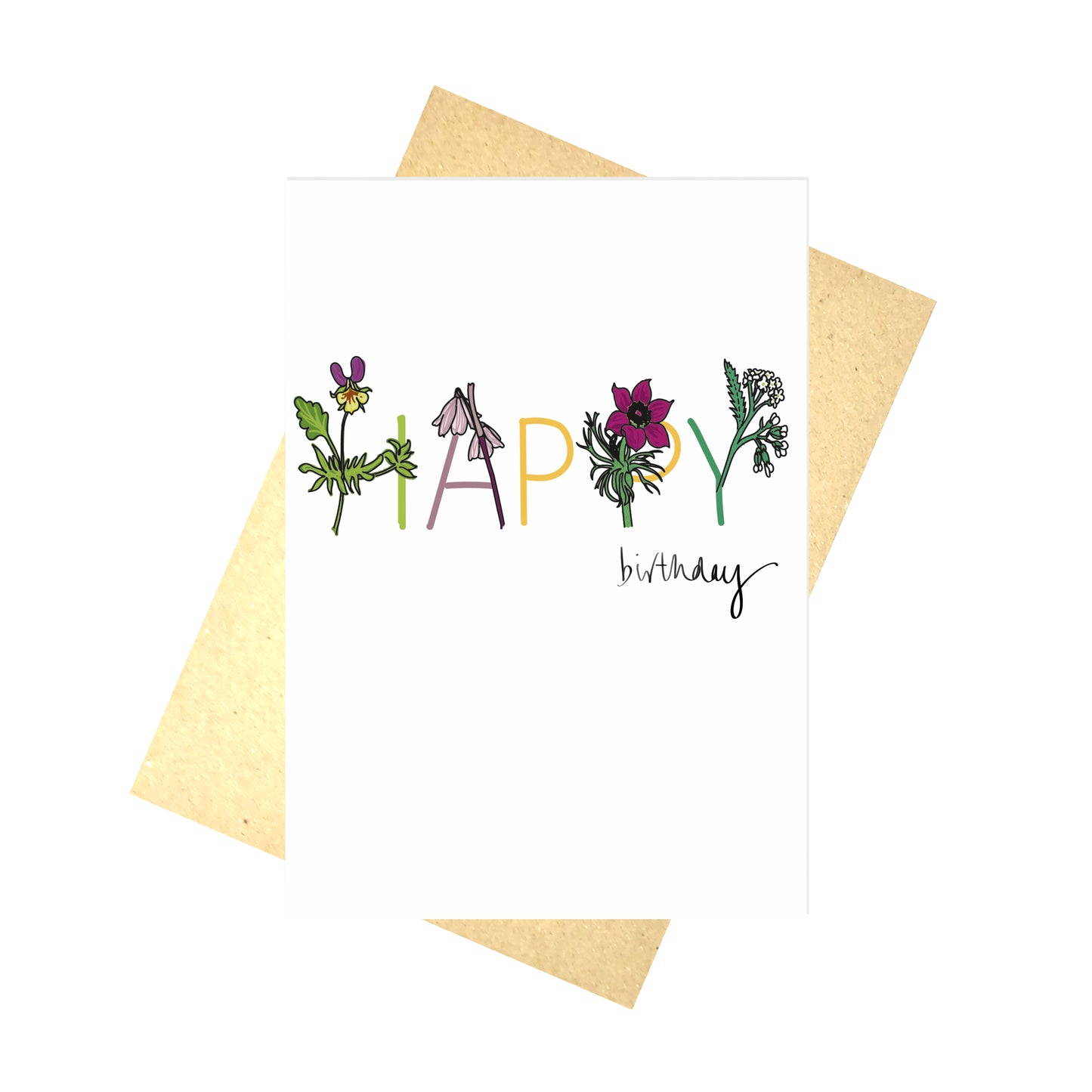 A white greetings card with the words 'Happy birthday' the letters in happy are partially made from flowers that begin with the same letters. Behind the card is a brown envelope and a white background.