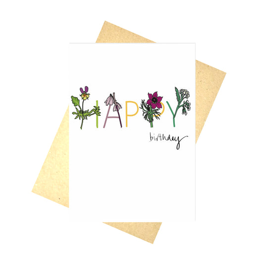 A white greetings card with the words 'Happy birthday' the letters in happy are partially made from flowers that begin with the same letters. Behind the card is a brown envelope and a white background.