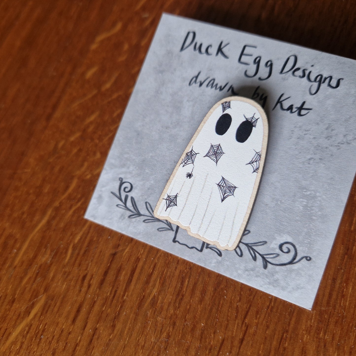 Spiderweb Ghost Eco-Friendly Wooden Pin Badge