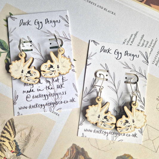Triceratops Skull Dangle Sterling Silver And Wood Dinosaur Earrings