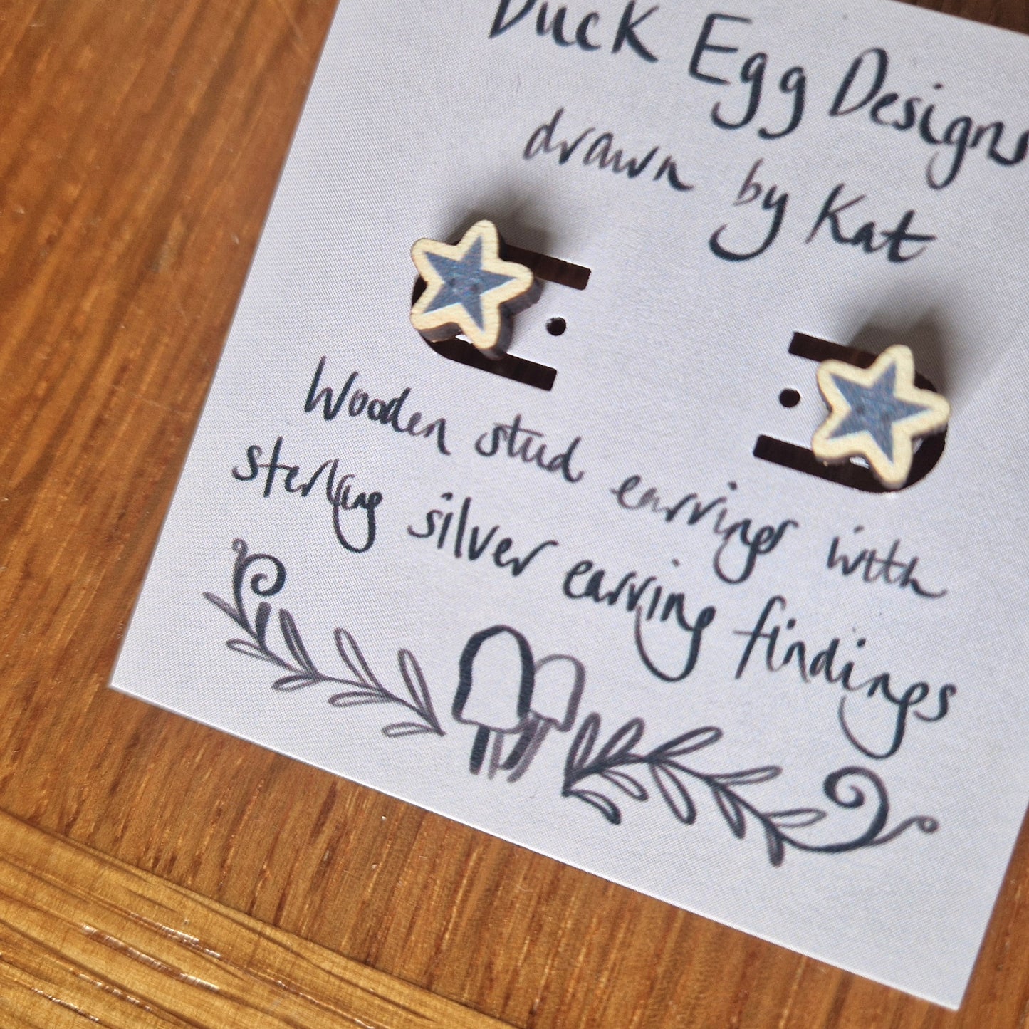 Star Face Cute Wood and Sterling Silver Stud Earrings