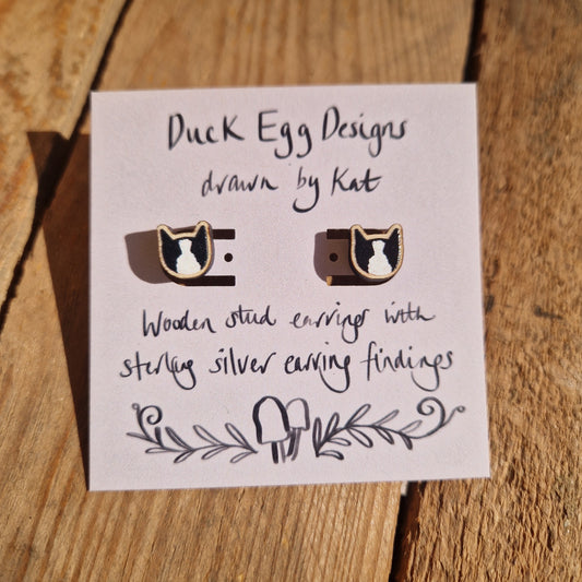 Black And White Cat Wood And Sterling Silver Stud Earrings