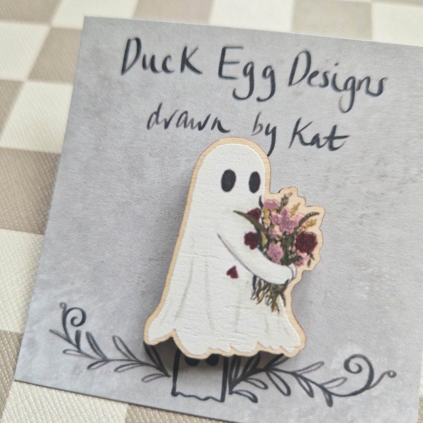 Flower Ghost Wooden Eco-Friendly Pin Badge