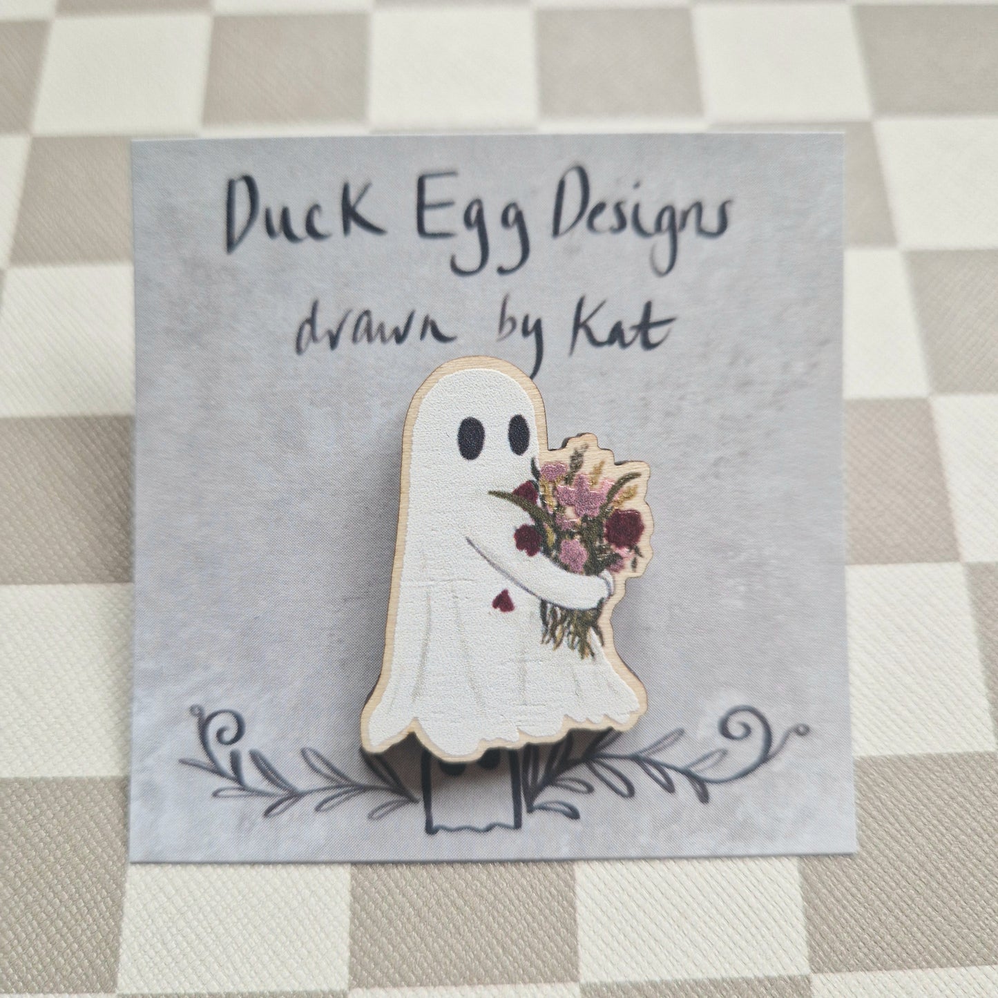 Flower Ghost Wooden Eco-Friendly Pin Badge