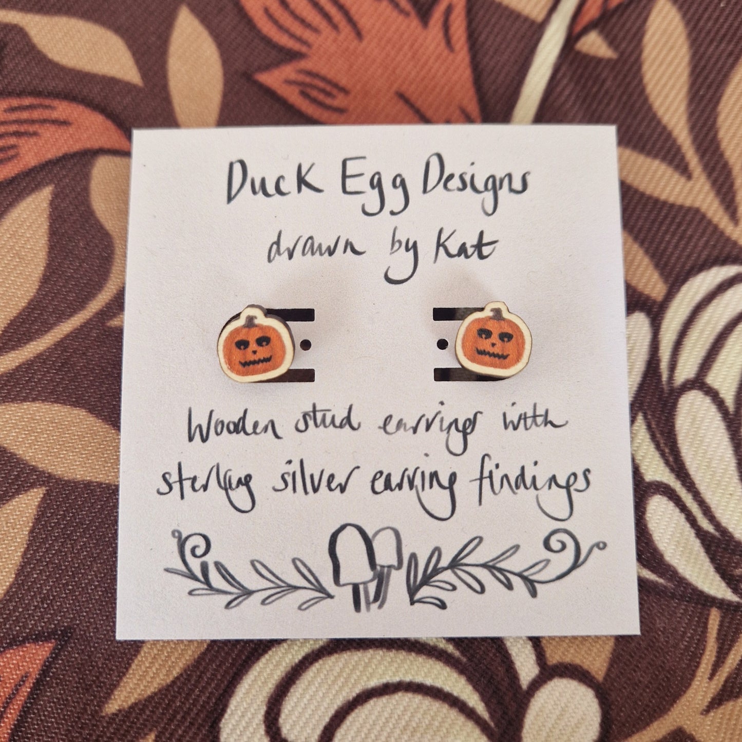 Carved Pumpkin Wood And Sterling Silver Halloween Stud Earrings