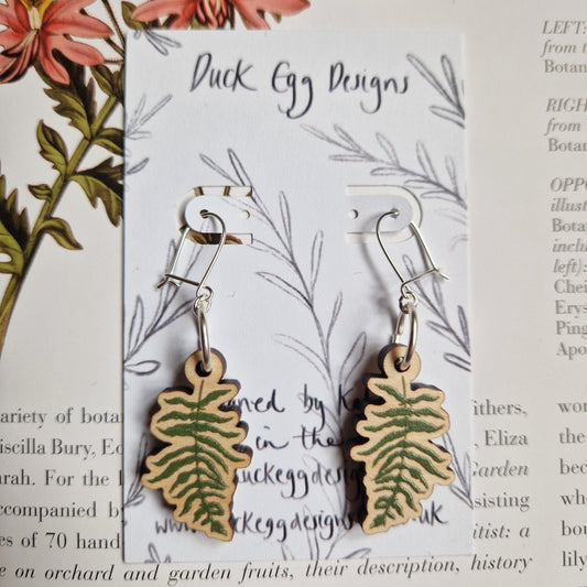 Wood and Sterling Silver Green Fern Earrings