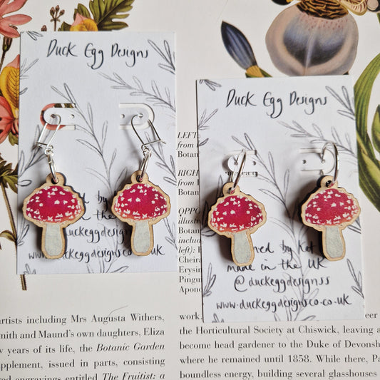 Fly Agaric Woodland Inspired Toadstool Sustainable Wood And Sterling Earrings