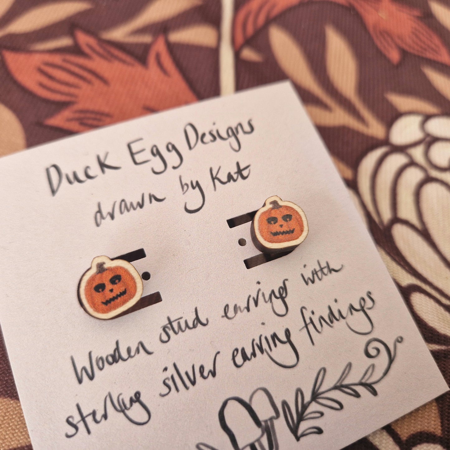 Carved Pumpkin Wood And Sterling Silver Halloween Stud Earrings