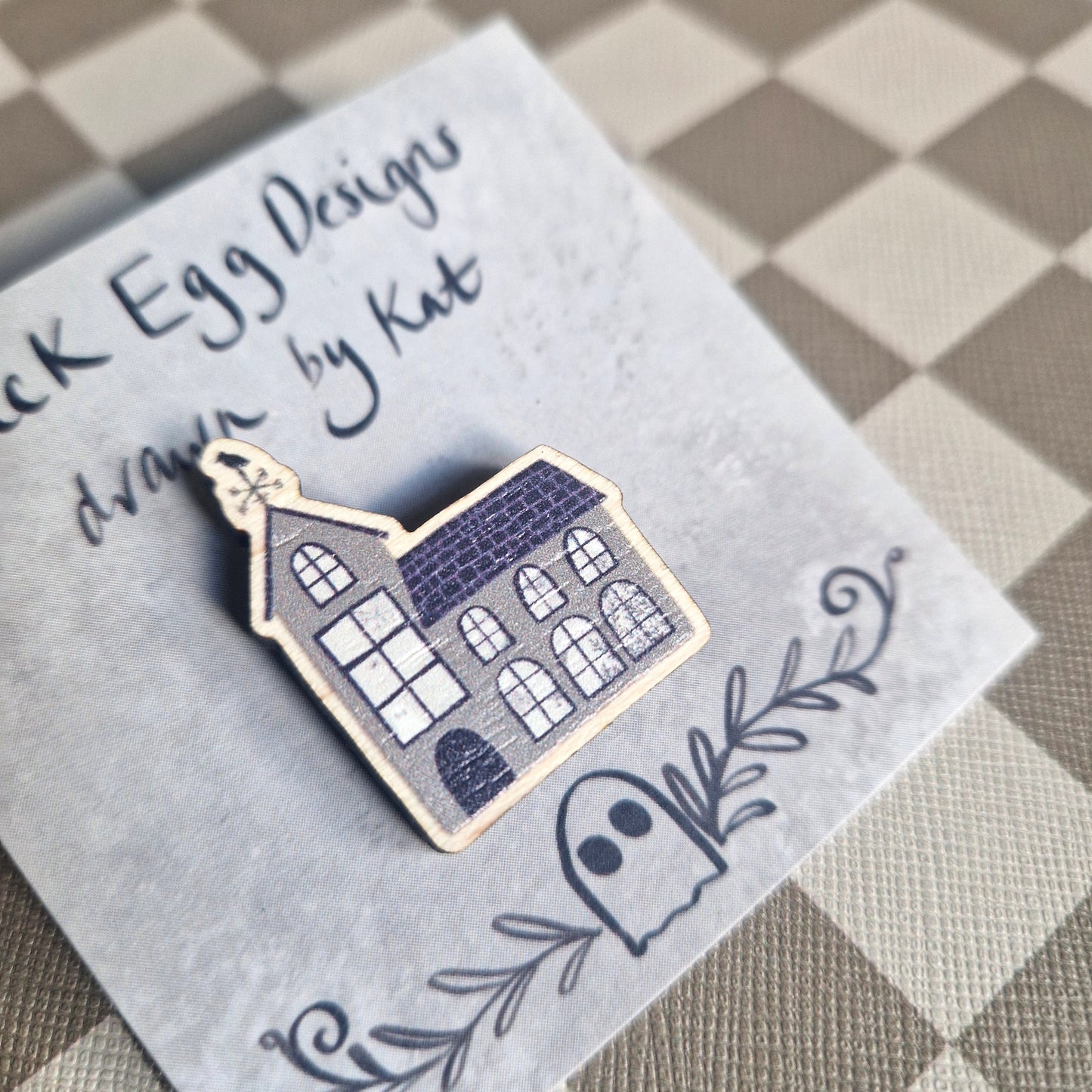 Haunted House Eco-friendly Ghost Sustainable Wood Pin Badge